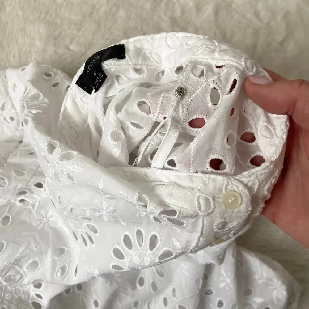 J. Crew White Puff-Sleeve Popover Eyelet Top Size Small